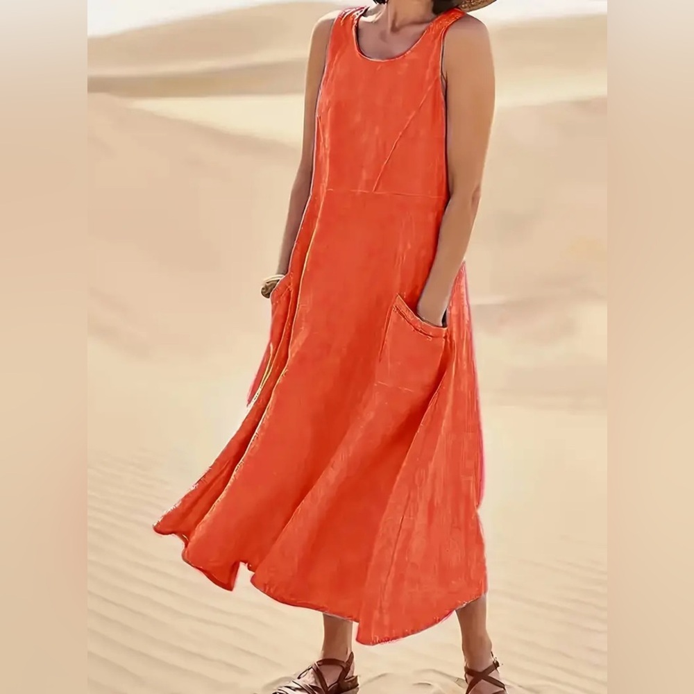 Boho Crew Neck Tank Dress, Casual Sleeveless Patch Pockets Flowy Dress